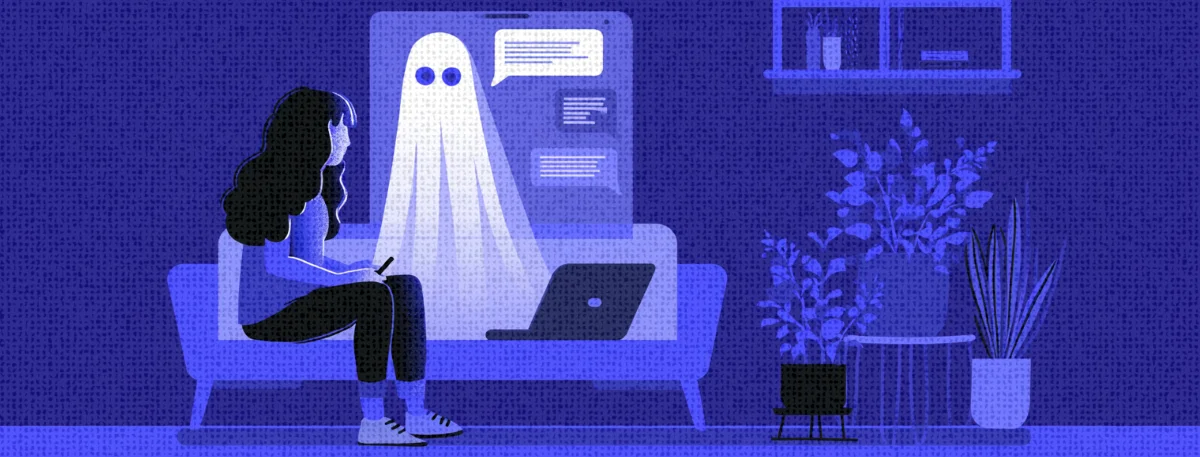 Illustration of a woman sitting on a sofa with a laptop, facing a large smartphone screen showing a ghost-like figure sending chat messages.