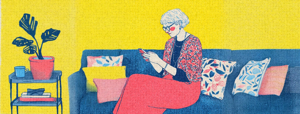 Illustration of a woman with short silver hair and glasses sitting on a blue sofa, looking down at a smartphone in her hands.