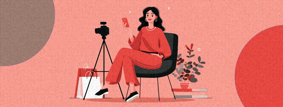 Illustration of a woman in red recording a video or live streaming with a camera on a tripod and a smartphone.