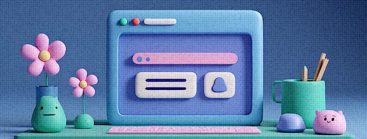 A 3D stylized rendering of a desktop workspace setup in pastel colors.