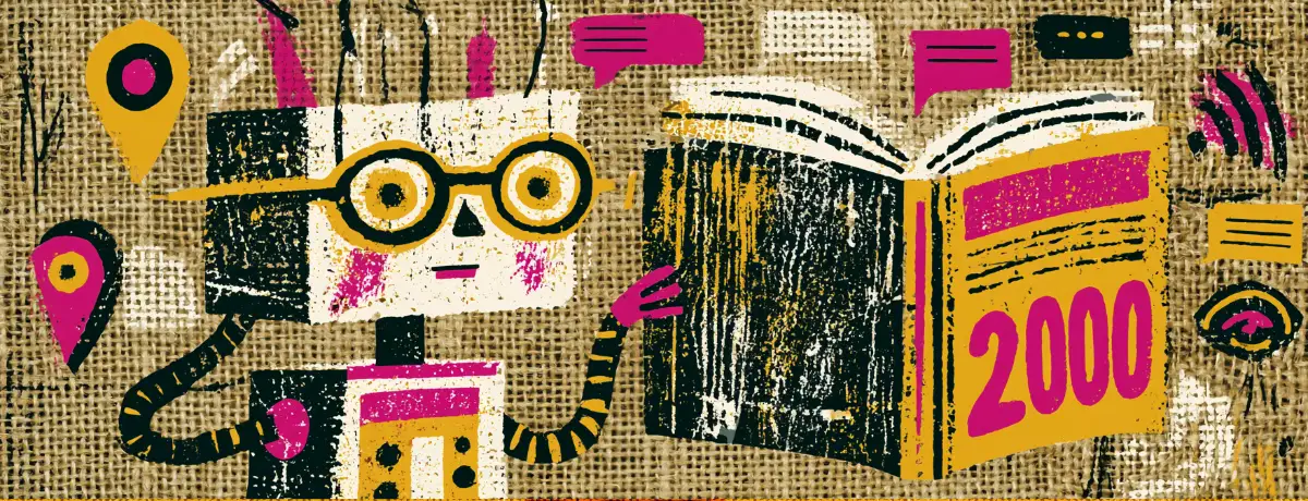 A bespectacled robot reads a worn book labeled 2000, ignoring the digital symbols floating around it.
