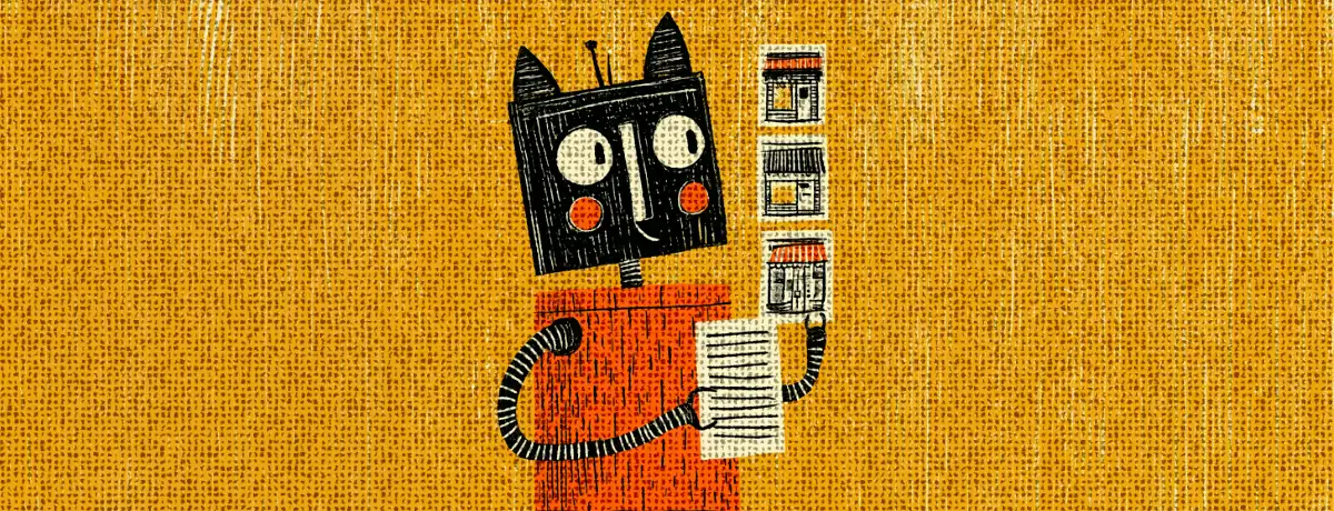 A cat-faced robot compares three storefronts against a checklist.