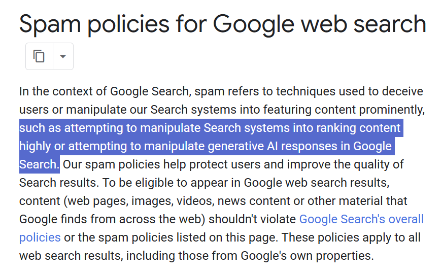 Screen capture of Google's update to its Search spam policies