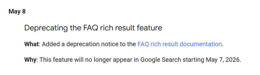 Screen capture of Google's notice about deprecating the FAQ riche result feature