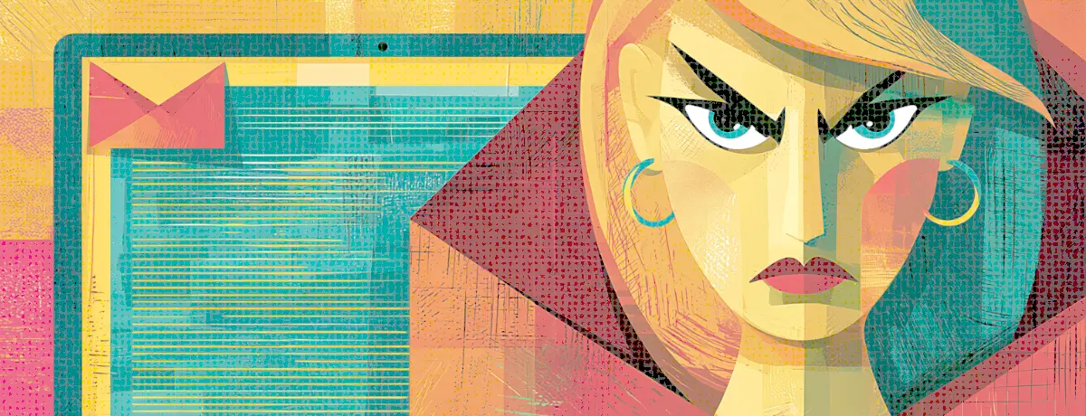 Illustration of a frustrated office professional next to an incoming email, symbolizing passive-aggressive workplace communication.