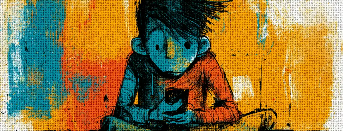 A child looks down at a smartphone held in both hands.