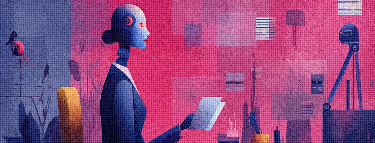 Illustration of a female robot in a business suit, seated in profile, reading a document.