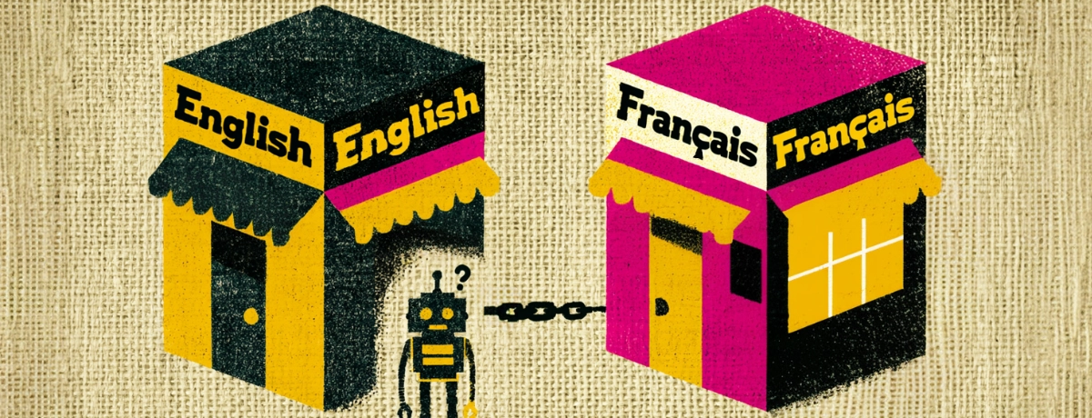 A retro illustration of two storefronts side by side. One is labelled English, the other is labelled Français. A small robot standing between them holding a broken chain link, looking confused.