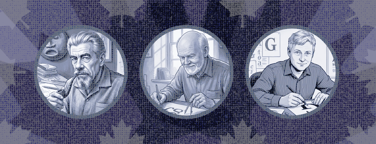 Illustrated portraits of Canadian type designers Carl Dair, Rod McDonald, and Raymond Larabie